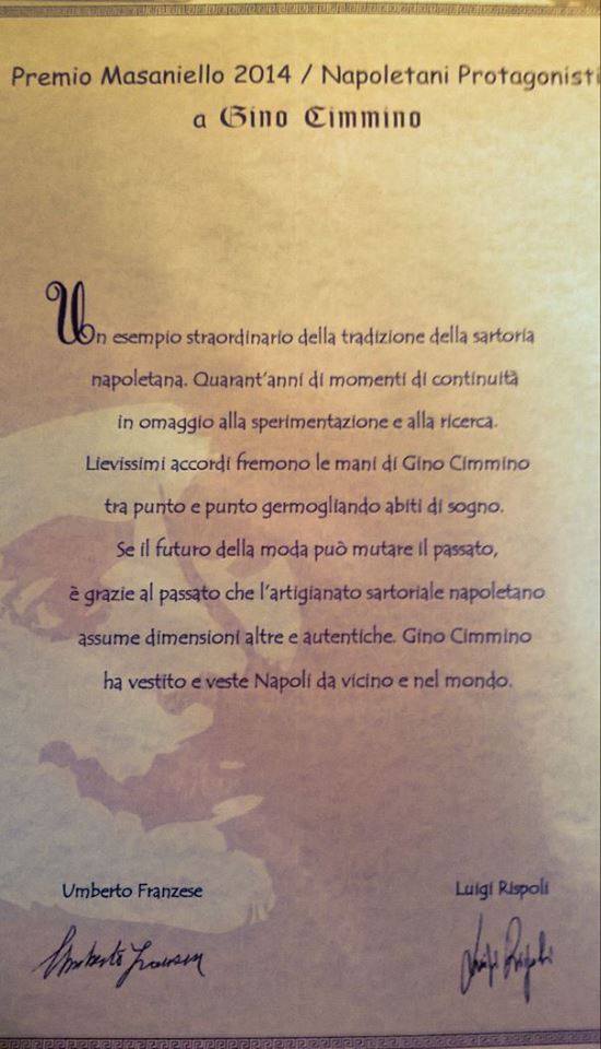 Premio Masaniello a Gino Cimmino – Sartoria Napoletana